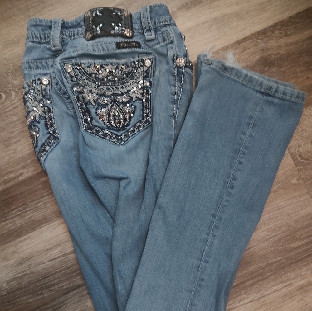 Miss Me Light Blue Straight Leg Jeans with Embellished Pockets